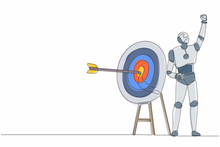 Single continuous line drawing robot raised hand with fist gesture, arrow exact into target. Robotic artificial intelligence. Electronic technology industry. One line draw design vector illustrationのイラスト素材