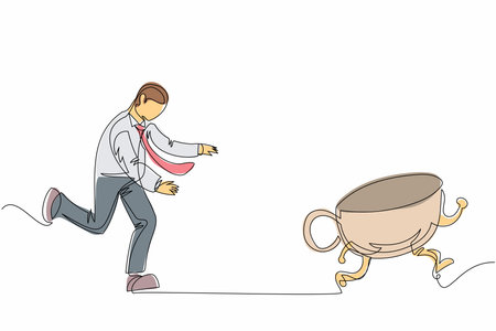 Single one line drawing businessman run chasing try to catch coffee cup. Concept of thirsty, drink, taking, time, speaking. Business metaphor. Continuous line draw design graphic vector illustrationのイラスト素材