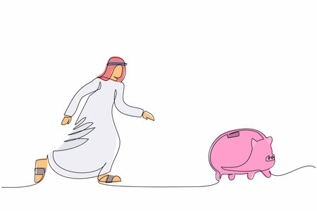 Single one line drawing Arab businessman chasing piggy bank. Saving money concept. Financial loss, economic crisis. Business metaphor. Modern continuous line draw design graphic vector illustrationのイラスト素材