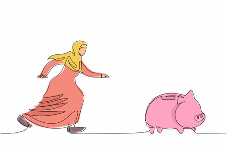 Single one line drawing Arab businesswoman chasing piggy bank. Management financial for personal use. Female manager maintain monetary crisis. Continuous line draw design graphic vector illustrationのイラスト素材
