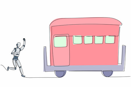 Continuous one line drawing robot run chasing train. Transport system in railway station. Humanoid robot cybernetic organism. Future robotic development. Single line graphic design vector illustrationのイラスト素材