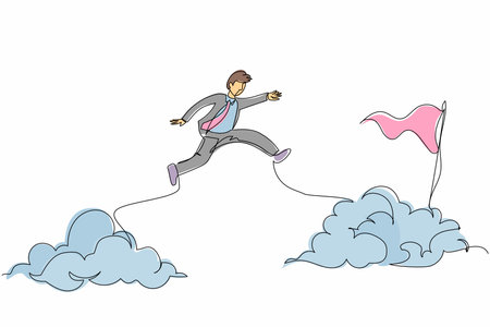 Continuous one line drawing active businessman jump or leap over clouds to reach his success target or flag. Challenge his career path. Taking risk. Single line draw design vector graphic illustrationのイラスト素材