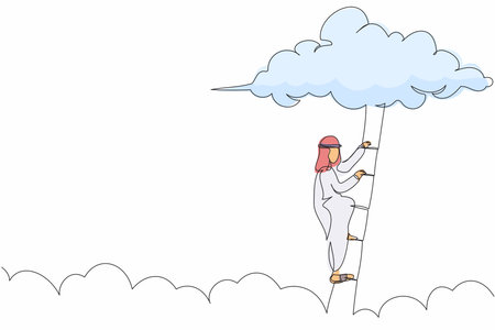 Single one line drawing active Arab businessman climbing up ladder to cloud. Worker rising business development. Professional growth promotion. Continuous line draw design graphic vector illustrationのイラスト素材