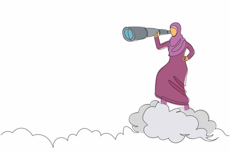 Single one line drawing Arabian businesswoman on top cloud holding binocular to search for business vision. Leadership to see company strategy. Continuous line draw design graphic vector illustrationのイラスト素材