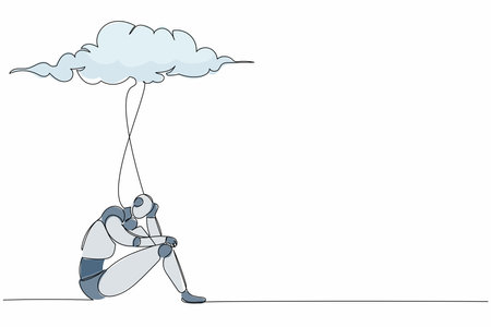 Single continuous line drawing unhappy robot feeling stress and sad. Sitting under rain cloud. Robotic artificial intelligence. Electronic technology industry. One line draw design vector illustrationのイラスト素材