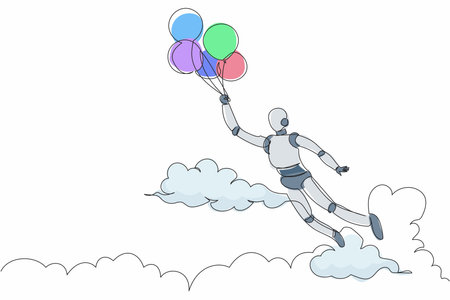 Single one line drawing robot flying with balloon air. Achieve financial independence. Future technology development. Machine learning processes. Continuous line design graphic vector illustrationのイラスト素材