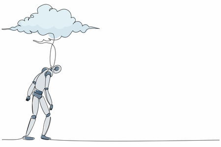 Single one line drawing robot walking under rain cloud. Loneliness in overcast weather. Future technology development. Artificial intelligence. Continuous line draw design graphic vector illustrationのイラスト素材