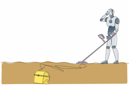Single continuous line drawing robot with metal detector looking for chest treasure. Robotic artificial intelligence. Electronic technology industry. One line draw graphic design vector illustrationのイラスト素材