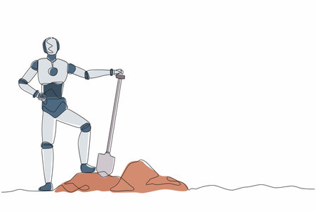 Single continuous line drawing happy robot standing near digging hole after work. Robotic artificial intelligence. Electronic technology industry. One line draw graphic design vector illustrationのイラスト素材