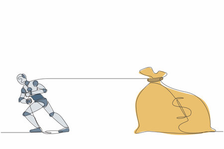 Single continuous line drawing robot standing and pulling big bag of money. Modern robotic artificial intelligence. Electronic technology industry. One line draw graphic design vector illustrationのイラスト素材