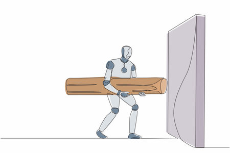 Single one line drawing robot holding large log to destroying wall. Future technology development. Artificial intelligence and machine learning process. Continuous line draw design vector illustrationのイラスト素材