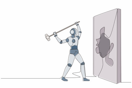 Single one line drawing robot breaks and hitting wall with hammer. Achievement way for success. Future technology. Artificial intelligence, machine learning. Continuous line design vector illustrationのイラスト素材