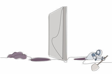 Continuous one line drawing robot digging tunnel under wall or obstacle on border or on path to success. Humanoid robot cybernetic organism. Future robotic. Single line draw design vector illustrationのイラスト素材