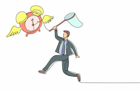 Single one line drawing businessman try to catching flying alarm clock with butterfly net. Male manager working with deadlines. Running out of time. Continuous line design graphic vector illustrationのイラスト素材