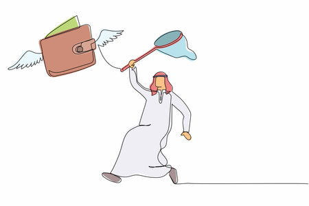 Single continuous line drawing Arabian businessman try to catching flying wallet with butterfly net. Snack money lost on the road. Business metaphor. One line draw graphic design vector illustrationのイラスト素材