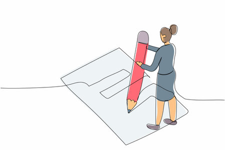 Continuous one line drawing businesswoman filled out questionnaire on the floor. Worker writes test on clipboard with giant pencil. Standing near checklist. Single line draw design vector illustrationのイラスト素材