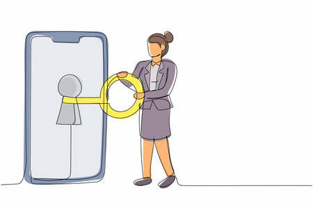 Single one line drawing businesswoman put key into smartphone. Unlock screen guard. Data privacy for protect internet user. Password device security system. Continuous line design vector illustrationのイラスト素材