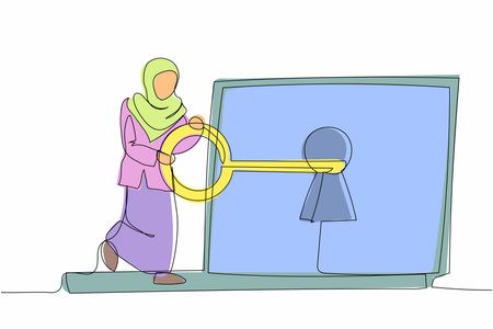 Continuous one line drawing Arab businesswoman put key into laptop computer. Internet security from hacker. Access to encrypted data protection information. Single line draw design vector illustrationのイラスト素材