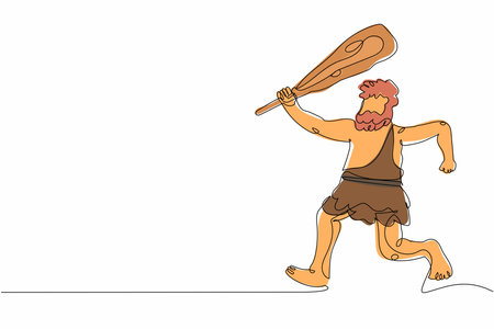 Single continuous line drawing angry caveman run and holding cudgel. Prehistoric man hunter. Ancient man is running and hunting animal with cudgel. Dynamic one line graphic design vector illustrationのイラスト素材