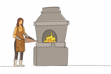 Single continuous line drawing female blacksmith standing wearing apron, pumping forge bellows. Metal worker at work furnace oven fire coal workshop. One line draw graphic design vector illustrationのイラスト素材