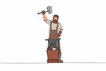 Continuous one line drawing bearded blacksmith forges small sword on the anvil. Young man blacksmith in apron standing working hard with hot iron. Single line draw design vector graphic illustrationのイラスト素材