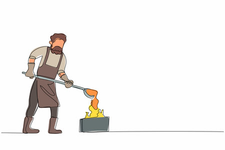 Single continuous line drawing blacksmith casting mold metal wearing protective uniform. Anvil worker male producing steel craft in metalwork workshop. One line draw graphic design vector illustrationのイラスト素材