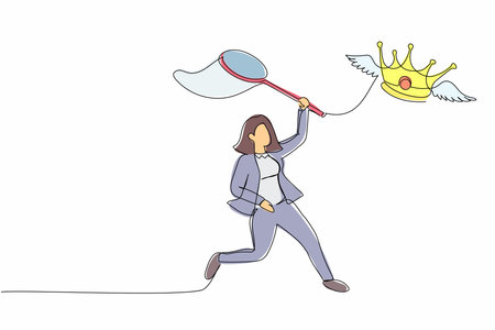 Single one line drawing businesswoman try to catching flying crown with butterfly net. Loss of nobility. Kingdom refuses princess to be queen. Continuous line draw design graphic vector illustrationのイラスト素材