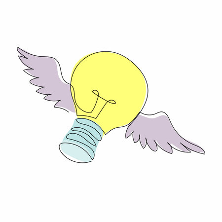 Single continuous line drawing flying light bulb with wings. Imagination, inspiration, fantasy icon. Knowhow sign. New business idea. Invention logo. One line draw graphic design vector illustrationのイラスト素材