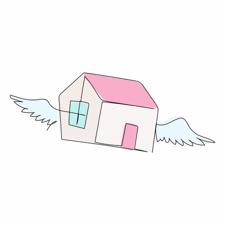 Single one line drawing flying house logo with wings. House of wings in weightlessness. Flying dream and hope. Flying high for property company. Continuous line draw design graphic vector illustrationのイラスト素材