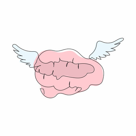 Single continuous line drawing flying brain with wings logo design template. Free mind logo. Creative vintage tee shirt apparel print poster. Dynamic one line draw graphic design vector illustrationのイラスト素材