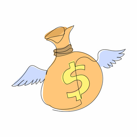 Single continuous line drawing flying money bag with wings. Bag with money with wings, dollar sign, flies and glitters. Winged money sack icon. Dynamic one line draw graphic design vector illustrationのイラスト素材