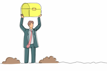 Single continuous line drawing active businessman lifting chest treasure in ground. Excited worker finding gem box artefact. Treasure gold hunting. One line draw graphic design vector illustrationのイラスト素材