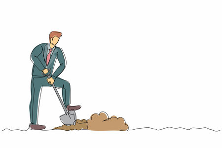 Single one line drawing positive businessman digging in dirt using shovel. Male manager in suit dig ground with spade. Hard working process. Continuous line draw design graphic vector illustrationのイラスト素材