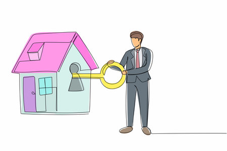 Single continuous line drawing businessman putting big key into house. People investing money in real estate. House loan, property mortgage concept. One line draw graphic design vector illustrationのイラスト素材