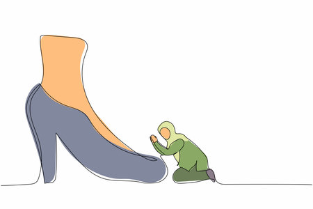 Single continuous line drawing active Arab businesswoman kneeling a giant foot or shoe. Female manager apologize to executive director. Minimalism metaphor. One line graphic design vector illustrationのイラスト素材