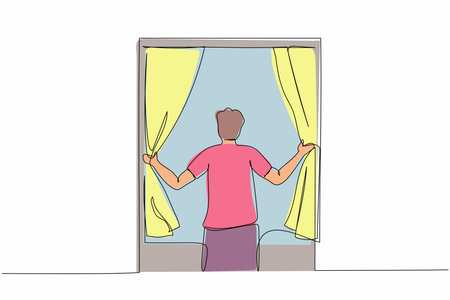 Single one line drawing happy man opening window curtains. Wake up and open curtains in morning to get fresh air. Young male standing at window. Continuous line draw design graphic vector illustrationのイラスト素材