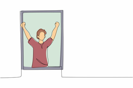 Continuous one line drawing happy man look out of window meet welcome new day breathe fresh air. Guy stretching in morning enjoy sunny weekend at home. Single line graphic design vector illustrationのイラスト素材
