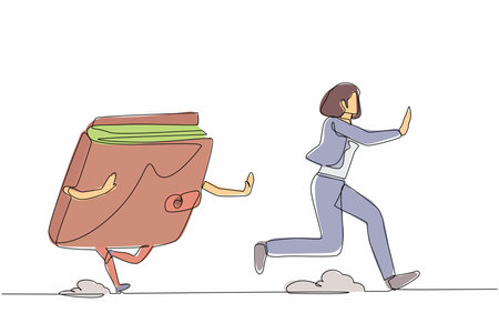 Continuous one line drawing scared businesswoman being chased by wallet. Female worker losing money, wasteful spending, gone money. Minimalist metaphor. Single line design vector graphic illustrationのイラスト素材