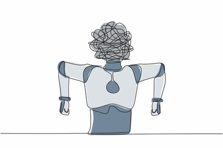 Single one line drawing robot with round scribble instead of head. Angry robot. Emotional in rage. Feeling anger. Future technology development. Continuous line draw design graphic vector illustrationのイラスト素材