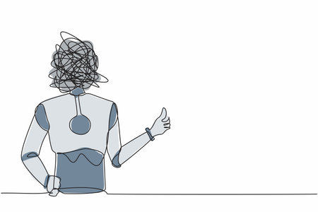 Single one line drawing robot with round scribbles instead of head, showing thumbs up sign. Deal, like, accept. Humanoid robot cybernetic organism. Continuous line design vector graphic illustrationのイラスト素材