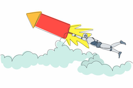 Single continuous line drawing robot fly on fireworks rockets while looking at business opportunities. Modern robotic artificial intelligence. Dynamic one line draw graphic design vector illustrationのイラスト素材