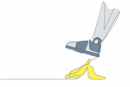 Continuous one line drawing robot leg step on business banana peel. Imminent danger, banana peel underfoot. Business risk. Humanoid robotic cybernetic organism. Single line design vector illustrationのイラスト素材