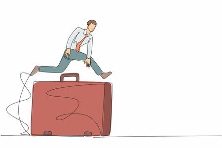 Continuous one line drawing businessman jumping over big briefcase. Success to win in business competition, overcome obstacles to solve problem. Single line draw design vector graphic illustrationのイラスト素材