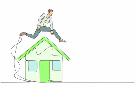 Single continuous line drawing businessman jumping over house. Housing loan or real estate investment. Mortgage agreement to bank. Debt obligation. One line draw graphic design vector illustrationのイラスト素材