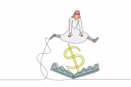 Single continuous line drawing Arab businessman jumping over pitfall with big money dollar sign bait. Financial investment scam. Trap of getting rich for a moment. One line design vector illustrationのイラスト素材