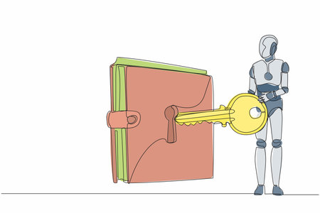 Single continuous line drawing robot put big key into wallet. Money protection financial security. Digital purse for shopping. Robotic artificial intelligence. One line draw design vector illustrationのイラスト素材
