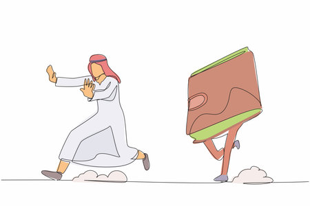 Single one line drawing unhappy Arab businessman being chased by wallet. Losing money or business profit. Cannot pay the bill. Minimal metaphor. Continuous line draw design graphic vector illustrationのイラスト素材