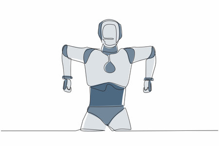 Continuous one line drawing robot standing with angry gesture. Emotional in rage. Feeling anger. Humanoid cybernetic organism. Future robotic development. Single line draw design vector illustrationのイラスト素材