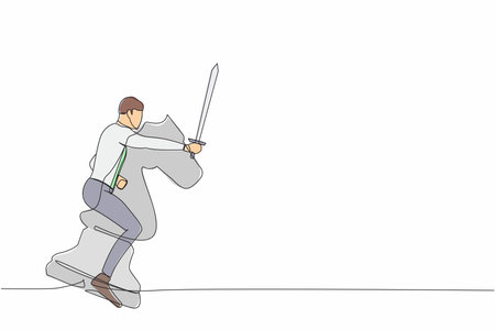 Single one line drawing of brave businessman riding big horse chess piece with sword. Business strategy, winning competition, achievement goal concept. Continuous line draw design vector illustrationのイラスト素材