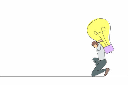 Single continuous line drawing exhausted businessman carrying heavy light bulb on his back. Uninspired or no idea after business failure, burnout in crisis. One line graphic design vector illustrationのイラスト素材